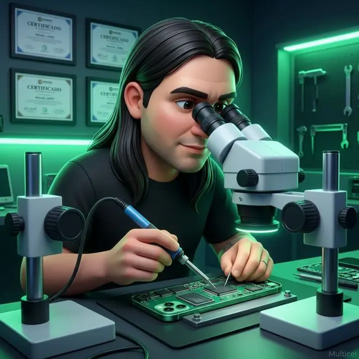 Técnico reparando una placa con microscopio